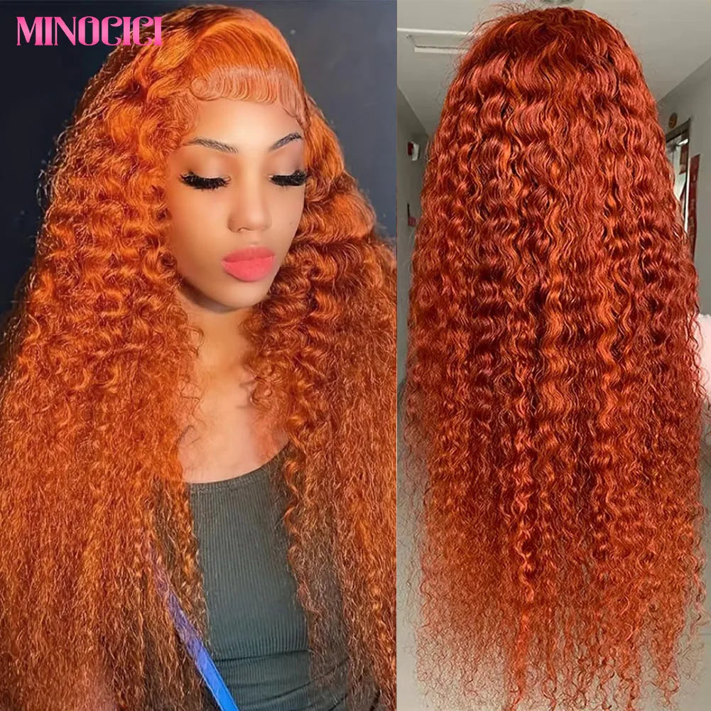 Curly Human Hair Wigs 200% Density #350 Ginger Deep Wave 13x6 HD Lace Frontal Human Hair Wigs Pre Plucked For Women Brazilian