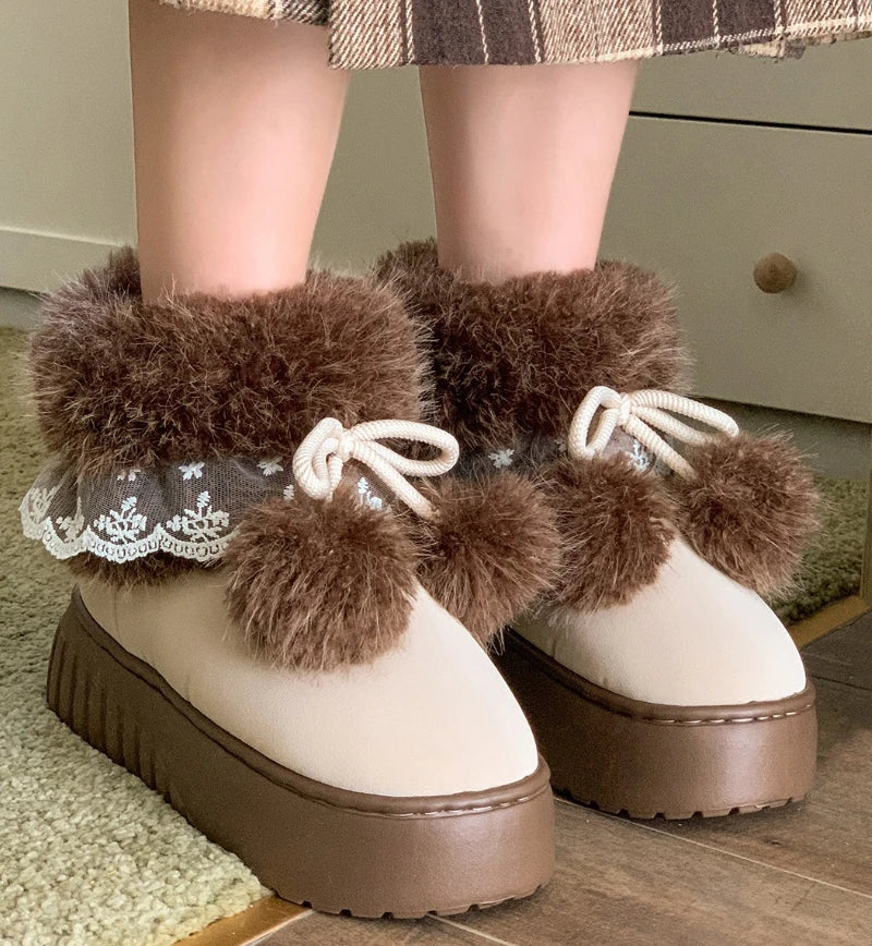 Women Fashion Snow Boots Warm Faux Fur Winter Platform Shoes Thick Sole Cute Plush Balls Female Indoor Street Short Botas