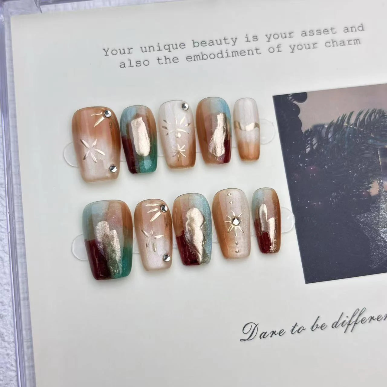 Handmade Press on Nails Color Blending Golden False Nails Square Head Girl Press on Nail Wearable Detachable Nail Tips 10pcs