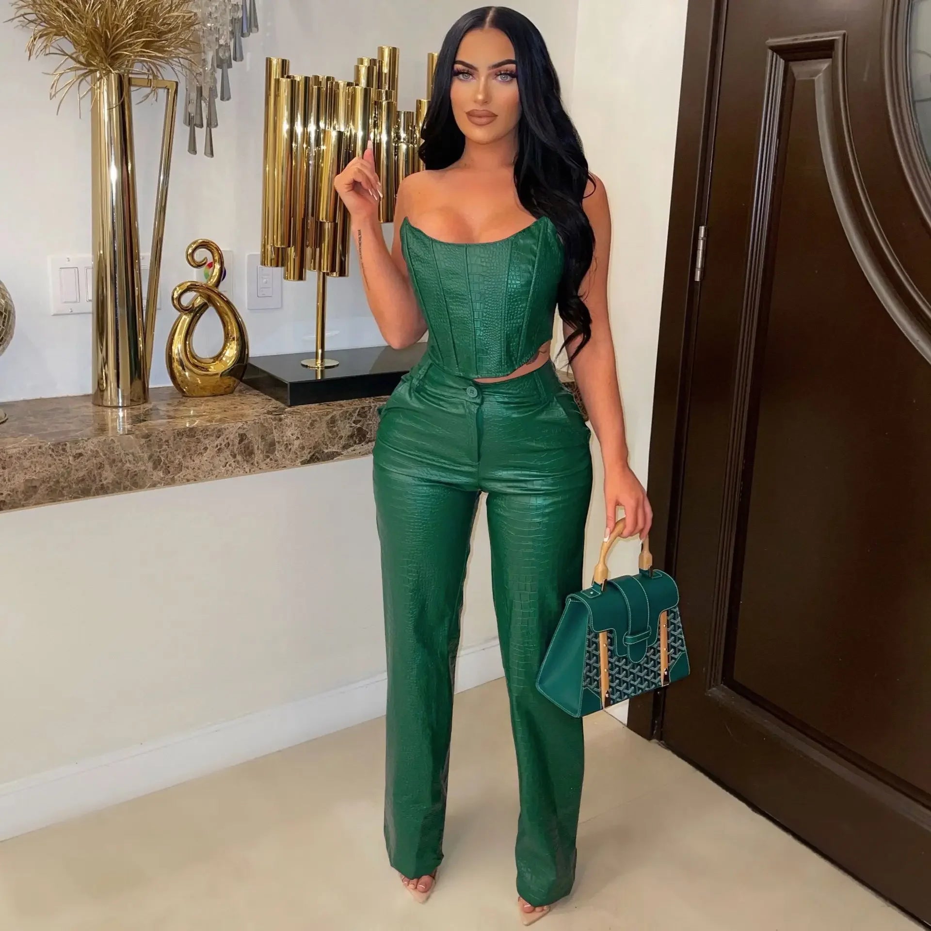 PU Leather 2 Piece Sets Women Outfit 2024 Sleeveless Tube Strapless Crop Top and Wide Leg Pants Suit Birthday Night Club Outfits