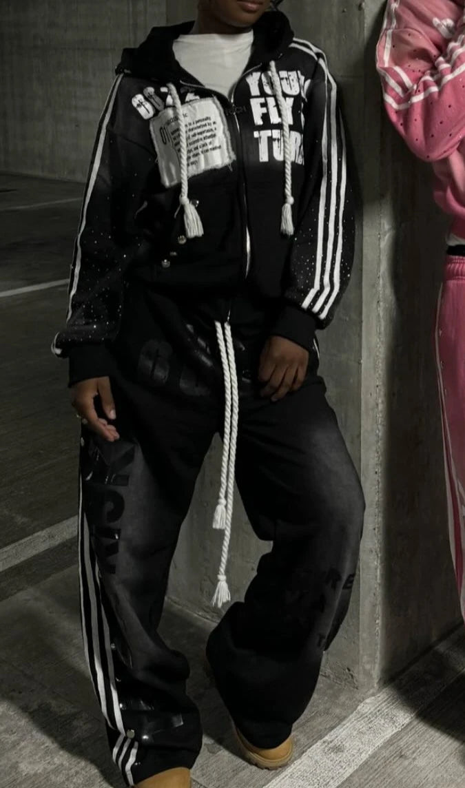 Y2k Sportswear Two Piece Set Men and Women Hip Hop Harajuku Retro Patch Print Oversized Hoodie Sweatshirt Punk Casual Sweatpants