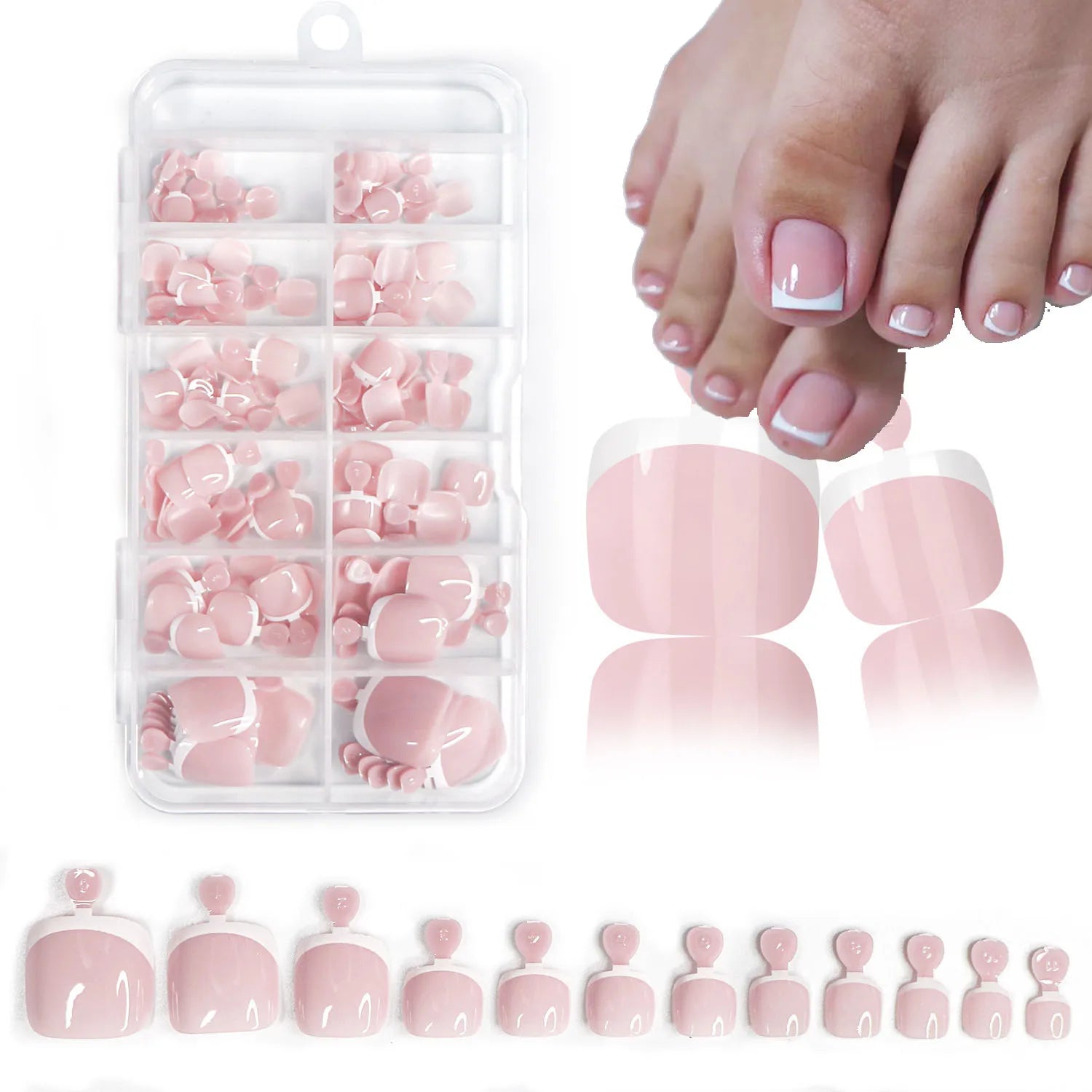 120Pcs Glossy Nude Pink French Press-On-Toenail Set 1*Box Short French Square  Fake Toe Nails Solid-Color Manicure Toenails Tips