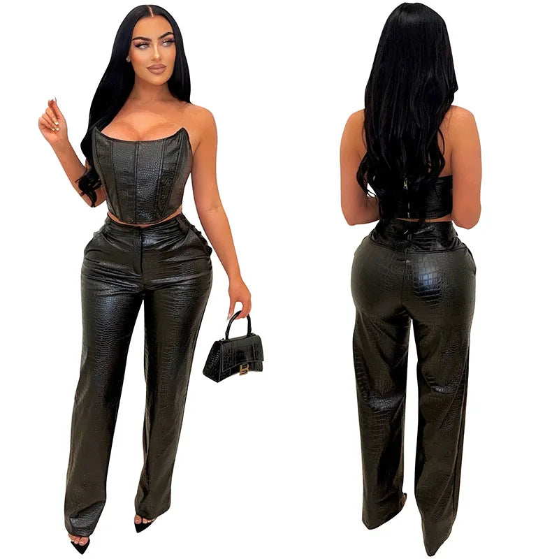 PU Leather 2 Piece Sets Women Outfit 2024 Sleeveless Tube Strapless Crop Top and Wide Leg Pants Suit Birthday Night Club Outfits