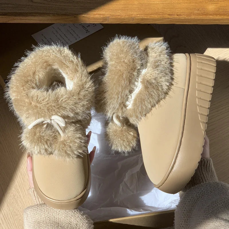 Women Fashion Snow Boots Warm Faux Fur Winter Platform Shoes Thick Sole Cute Plush Balls Female Indoor Street Short Botas