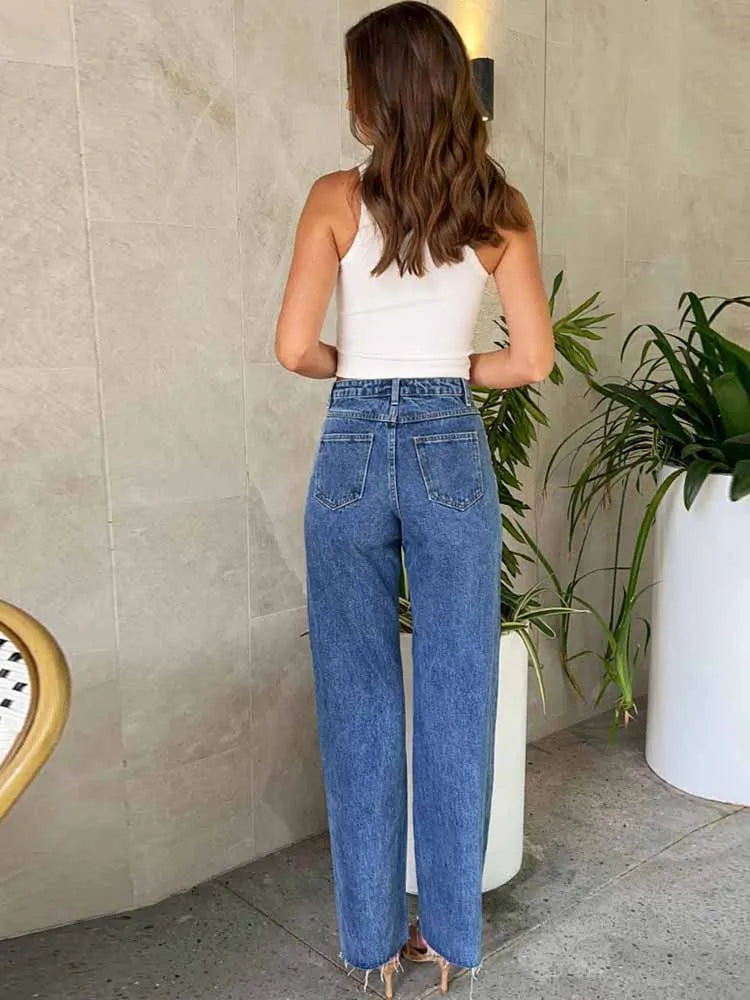 BKQU Elegant Spliced Pearl Jeans Woman Irregular High Waist Casual Loose Straight Trousers Y2k Streetwear Chic Trendy Denim Pant