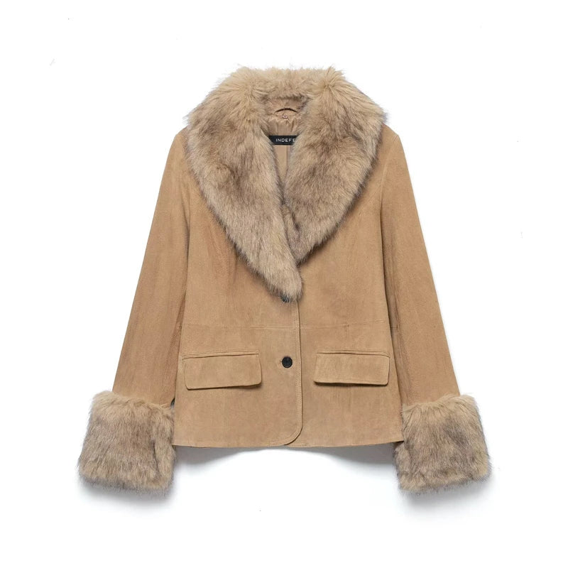 Women's Jacket 2025 New Fashion Autumn Winter Suede Leather Effect Jacket and With Big Fur Collar Casual Chic Women Clothes