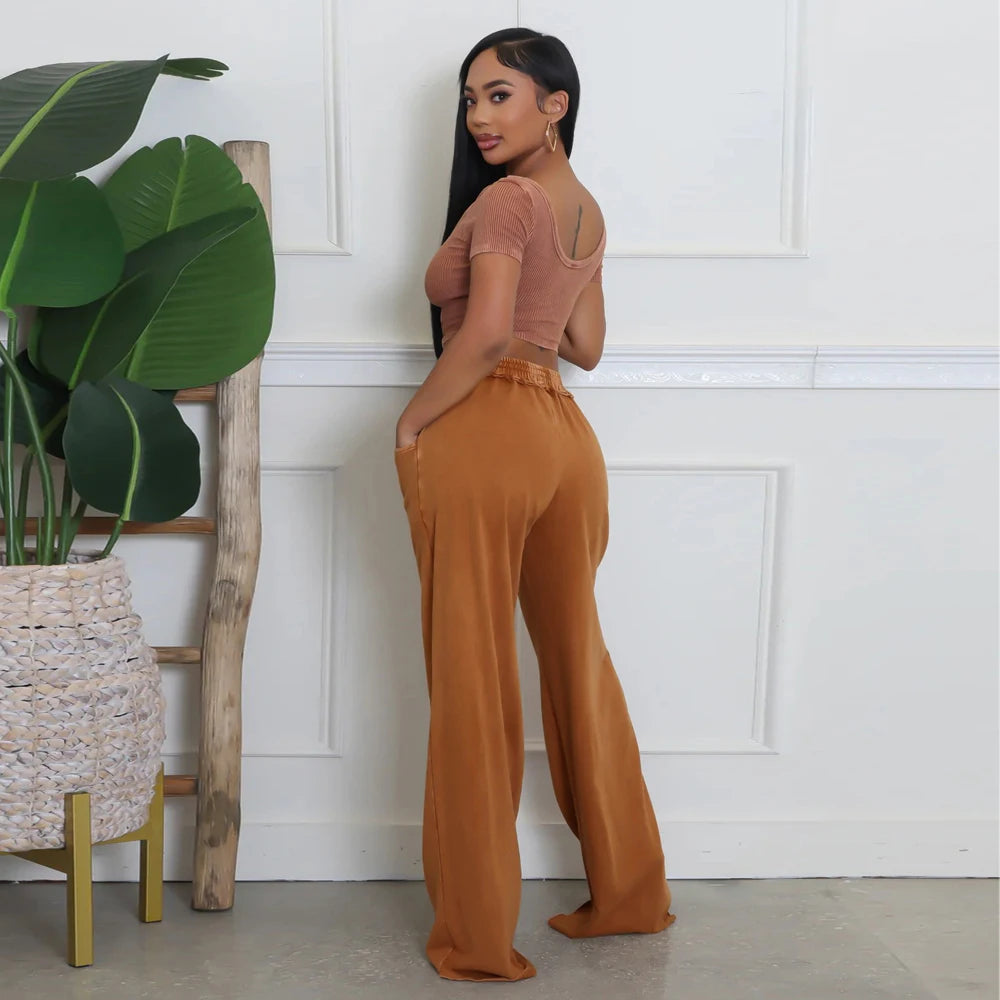 Fashion Women Clothing Distressed Tracksuits Casual Sexy U Neck Crop Top and Wide Leg Pants Suits Ladies Elegant 2 Two Piece Set