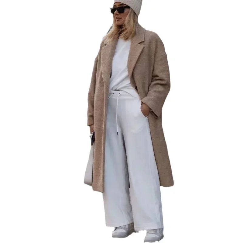 Women's Knee-High Coat with Plush Buckle, Long-Sleeved Lapel, Warm, European and American, Autumn and Winter