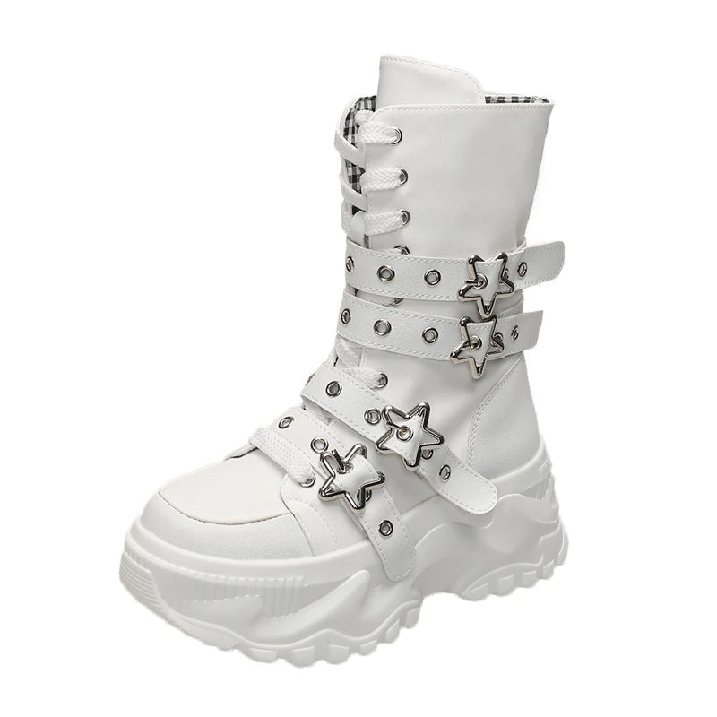 Single Boots Autumn New Round Toe Front Lace-Up Platform Non-Slip Mid-Tubular Boots Size Up To 42