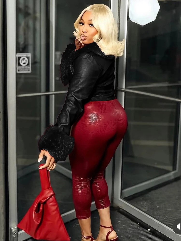 Autumn Winter PU Leather Cropped Jacket with Faux Fur Collar Women Casual Long Sleeve Buckle Coats New Fashion Female Streetwear