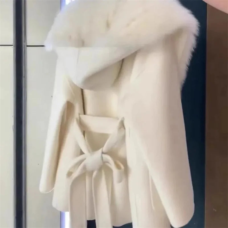 Pink Hooded Coat Women's Autumn Winter Belt Popular Woolen Coat 2024 Fur Coat Fragrant Wind High end Lightweight Short Fur Neck