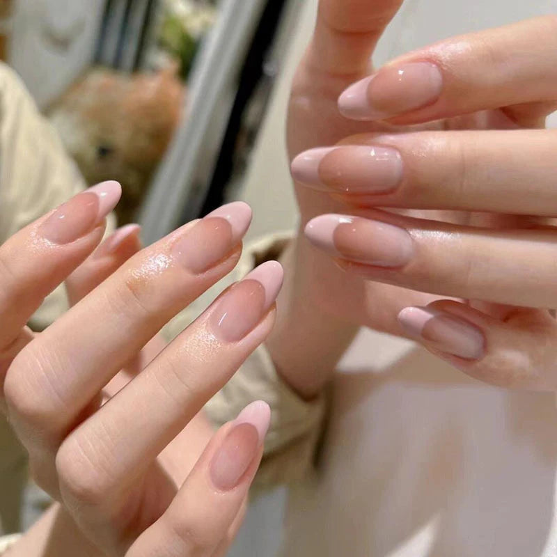Simple French Press on Nails Solid Color Nude Pink Almond Nails Acrylic Artificial False Nails with Glue Full Cover Nail Tip Art