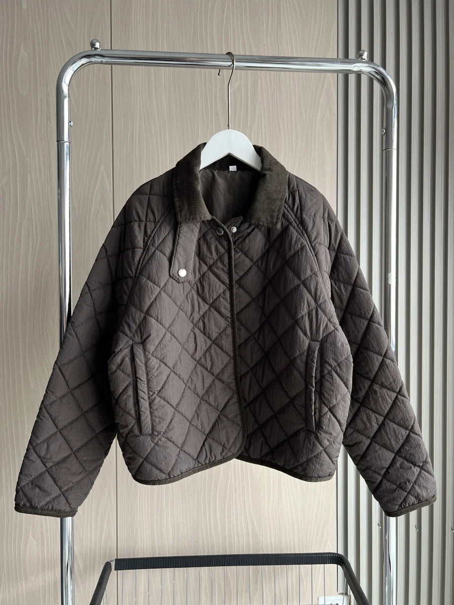 Women's Quilted Jacket with Padded Lining Model ETJ 2025 - Casual and Simple Diamond Quilted Short Puffer Jacket with Collar