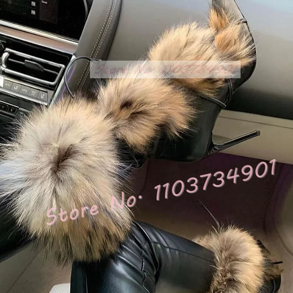 Real Fur Strap Mid Calf Boots Women Sexy Pointed Toe Lace-up Cross Strap High Heels Shoes Lady Big Size Party Street Style Boots