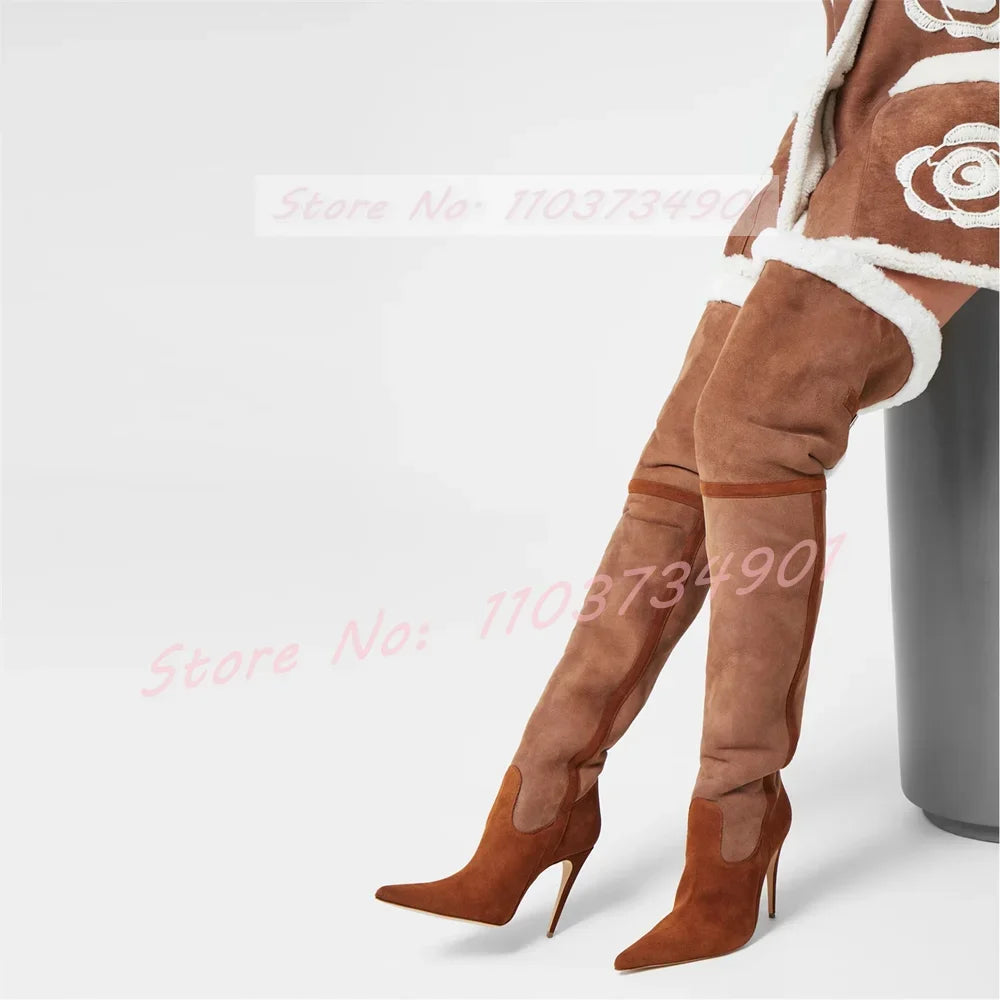 Fur Mix Colors Warm Thigh High Boots Women Nifty Pointy Toe Stiletto High Heels Slim Stretch Boots Ladies Fashion Brown Shoes