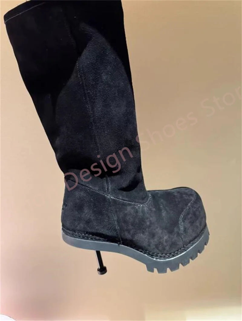 Long Plush Warm Winter Boots Fur For Women Or Men Metal Thin High Heels Knee High Height Increasing Shoes Woman Snow Boots 42 43