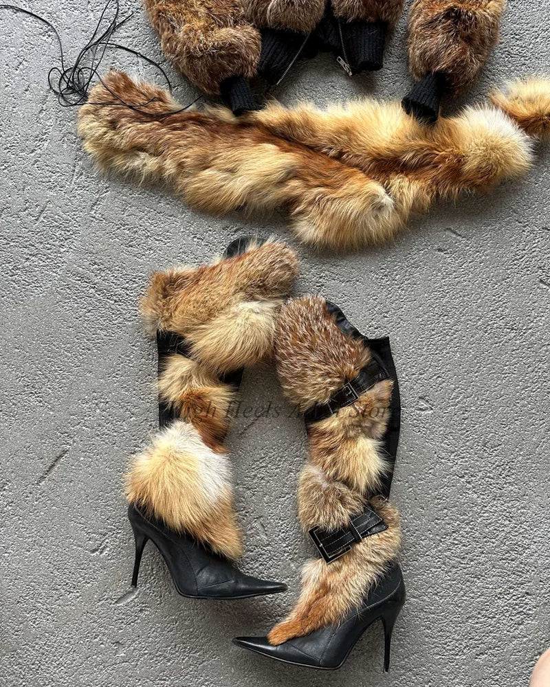 Women's Fur Heels Black Leather Knee High Boots Sexy Vintage Brown Pointy Toe Luxury Designer Long Boots 2025 New in Party Shoes
