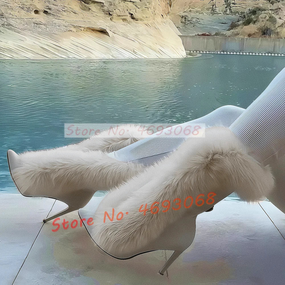 Fluff Pointy Women Ankle Boots Newest White Plush Fur High Stiletto Heel Lace-up Short Boots Female Luxury Slip On Fashion Shoes