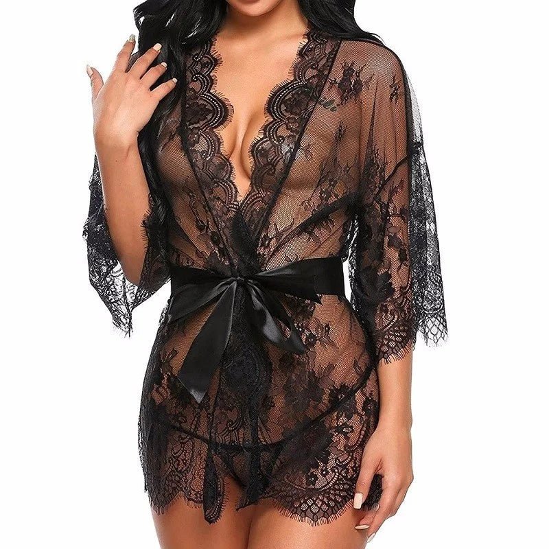 Plus Size 2XL Women Robe Lace Babydoll with G-strings Sexy Lingerie Sheer Nightgown Sleepwear Transparent V-Neck Erotic Costume