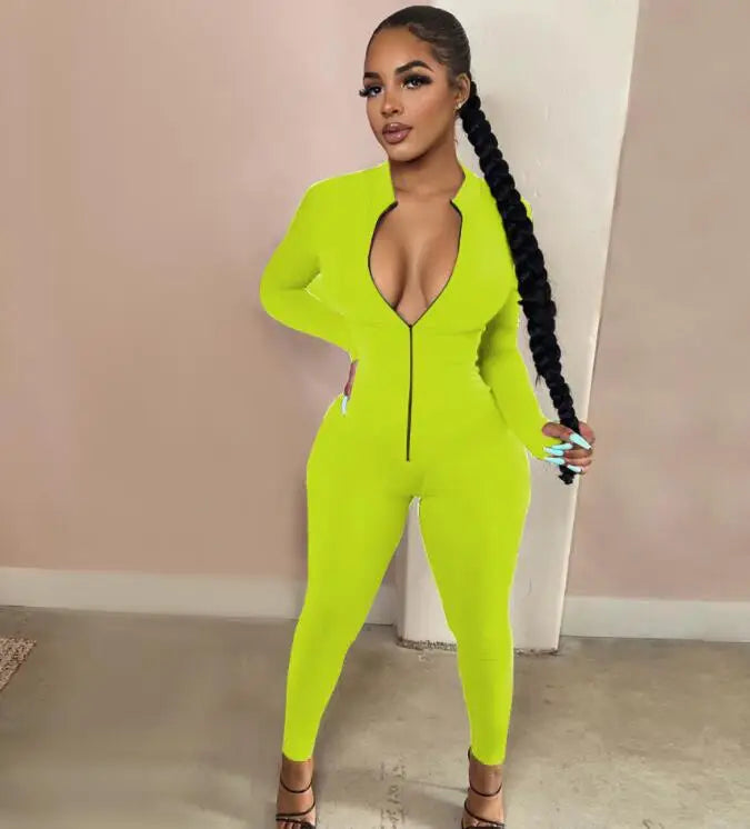Deep V Zip-Up Bodycon Jumpsuit
