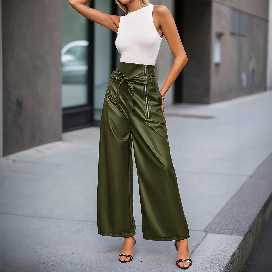 Women's PU Pants High Waist Fashion Style Trousers With Pockets Solid Color Straight-leg Pants Red Streetwear Spring Autumn