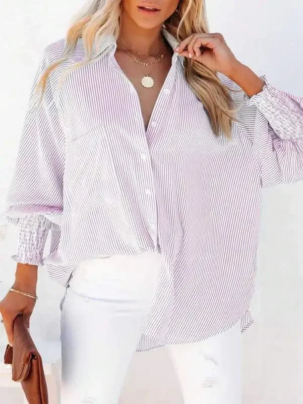 Plus Size Striped V-Neck Button-Down Blouse