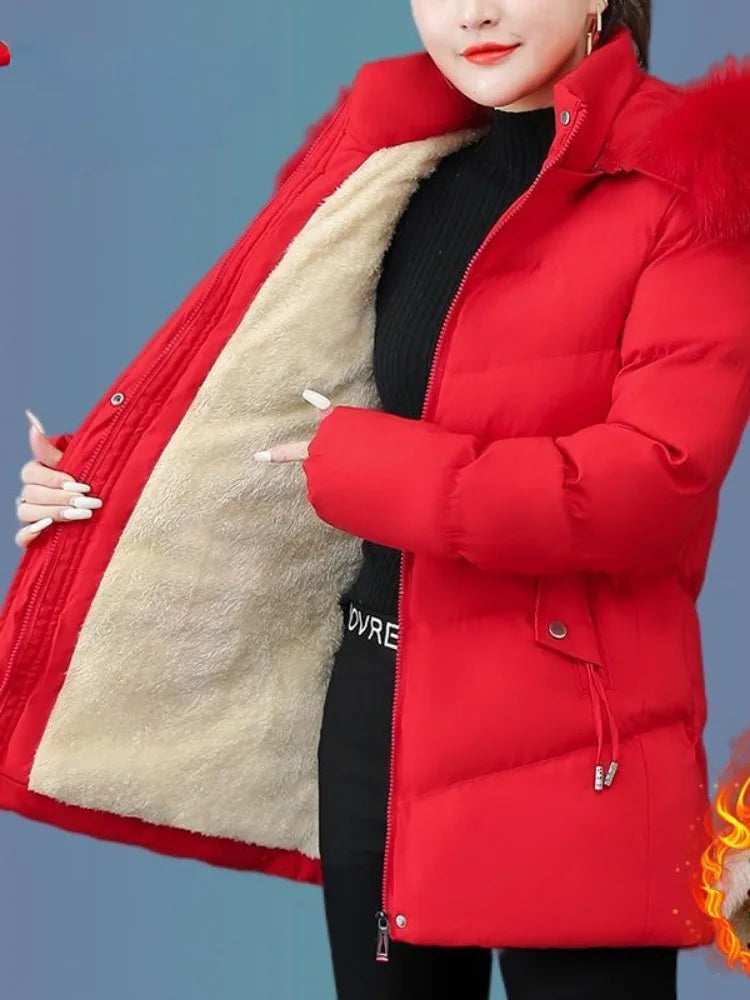 Women's Coat Cotton Coat for Women Mid-length Winter Padded Thickened Warm Removable Collar Hooded Cotton Clothes Zipper Pockets