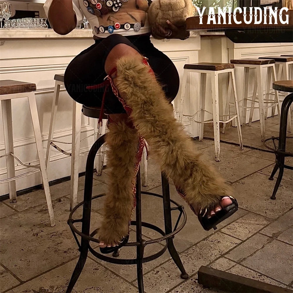 Stitch and Fur Sandal Knee High Boots Black Multi Gladiator Sandals Luxurious Style Genuine Fur Lace-Up Summer Boots for Women