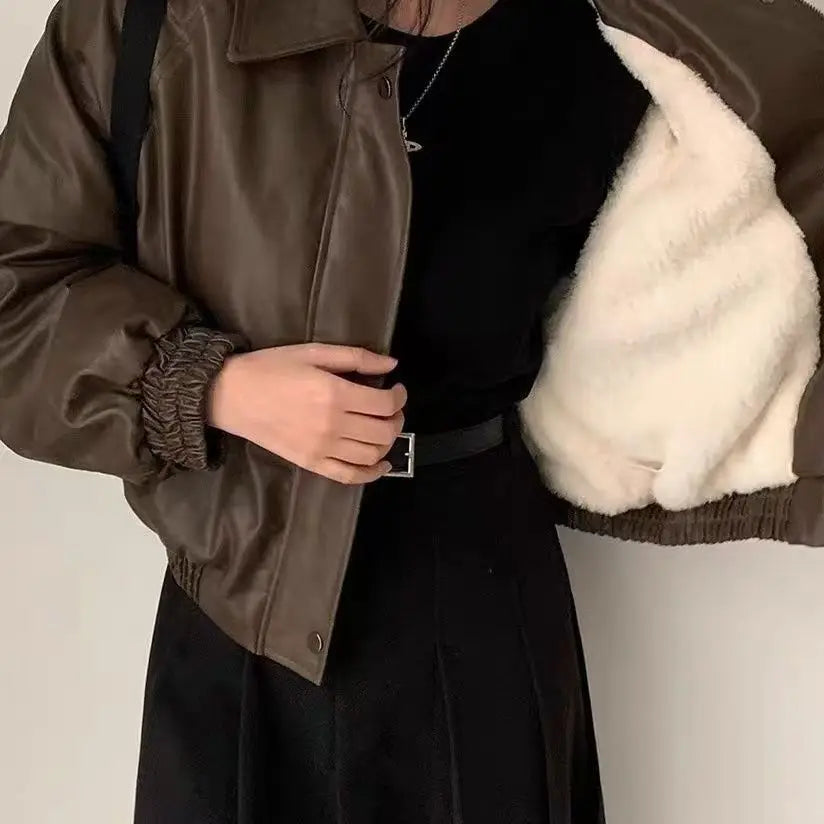 Oversized PU Leather Biker Jacket with Fur Collar