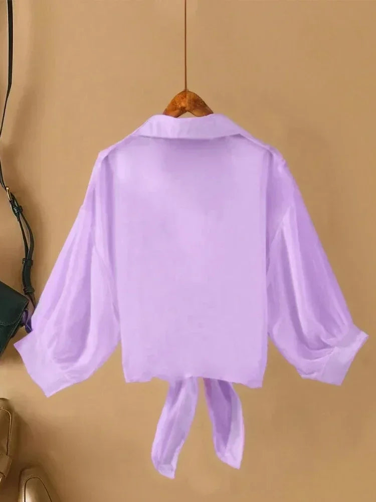 Plus Size Loose Long Sleeve Collared Blouse