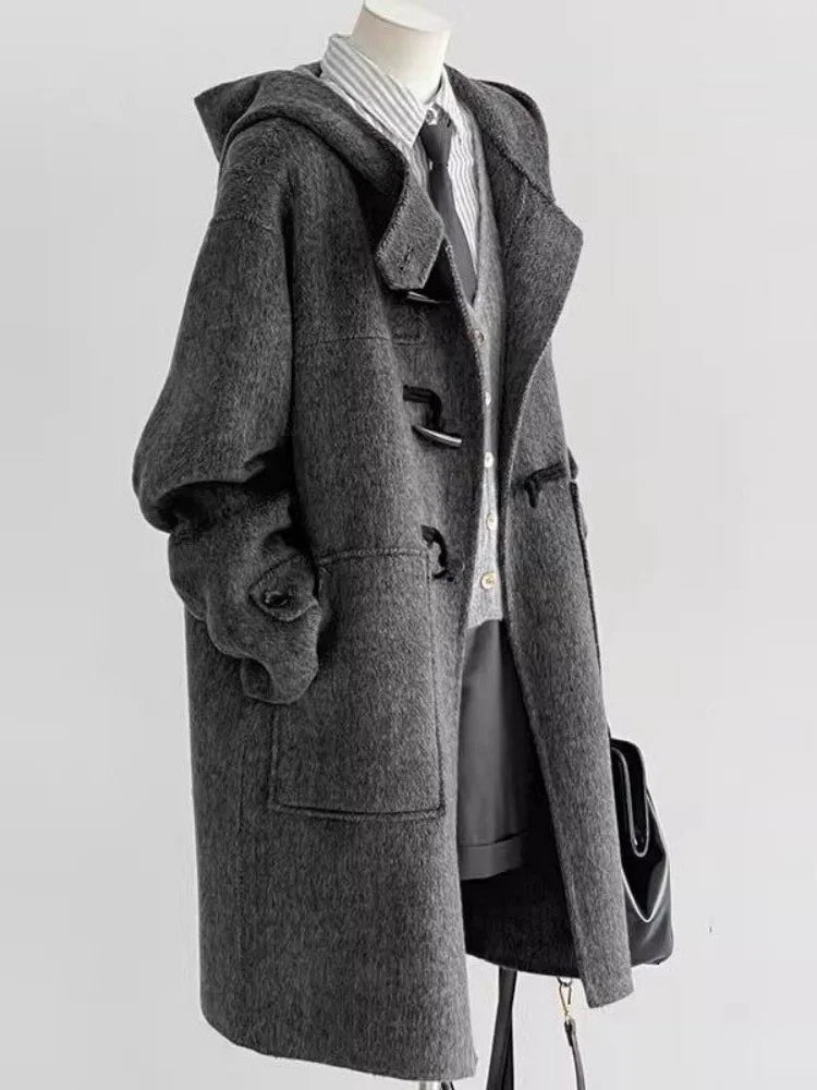 Women Coat 2025 Autumn Winter New Women's Blend Coat Grey Horn Button Hooded Woolen Coat Petite Size Korean Style Wool Jacket