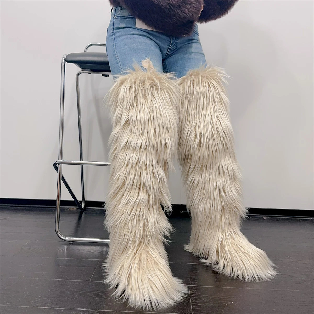 Over The Knee  Thigh High Mongolian Fur Boots Faux Tall Boots for Women