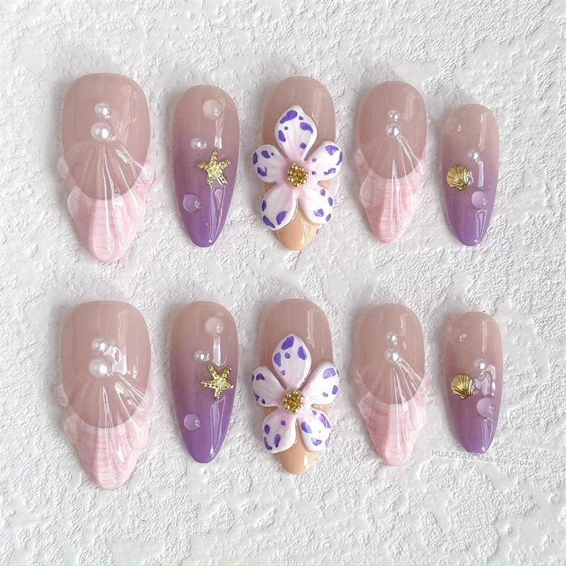 Handmade 3D Flower Press On Nails Reusable Short  Almond False Nails Artificial Fake Nail With Glue Gift Full Cover Nail Tips