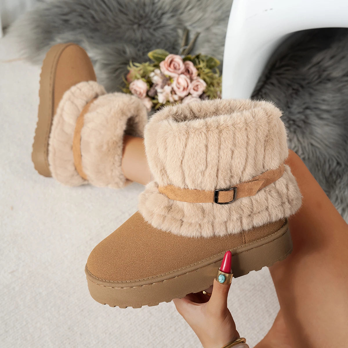 Women Thick Sole Faux Fur Snow Boots Winter Warm Thick Plush Cotton Shoes Woman Comfortanle Non Slip Platform Ankle Botas Mujer