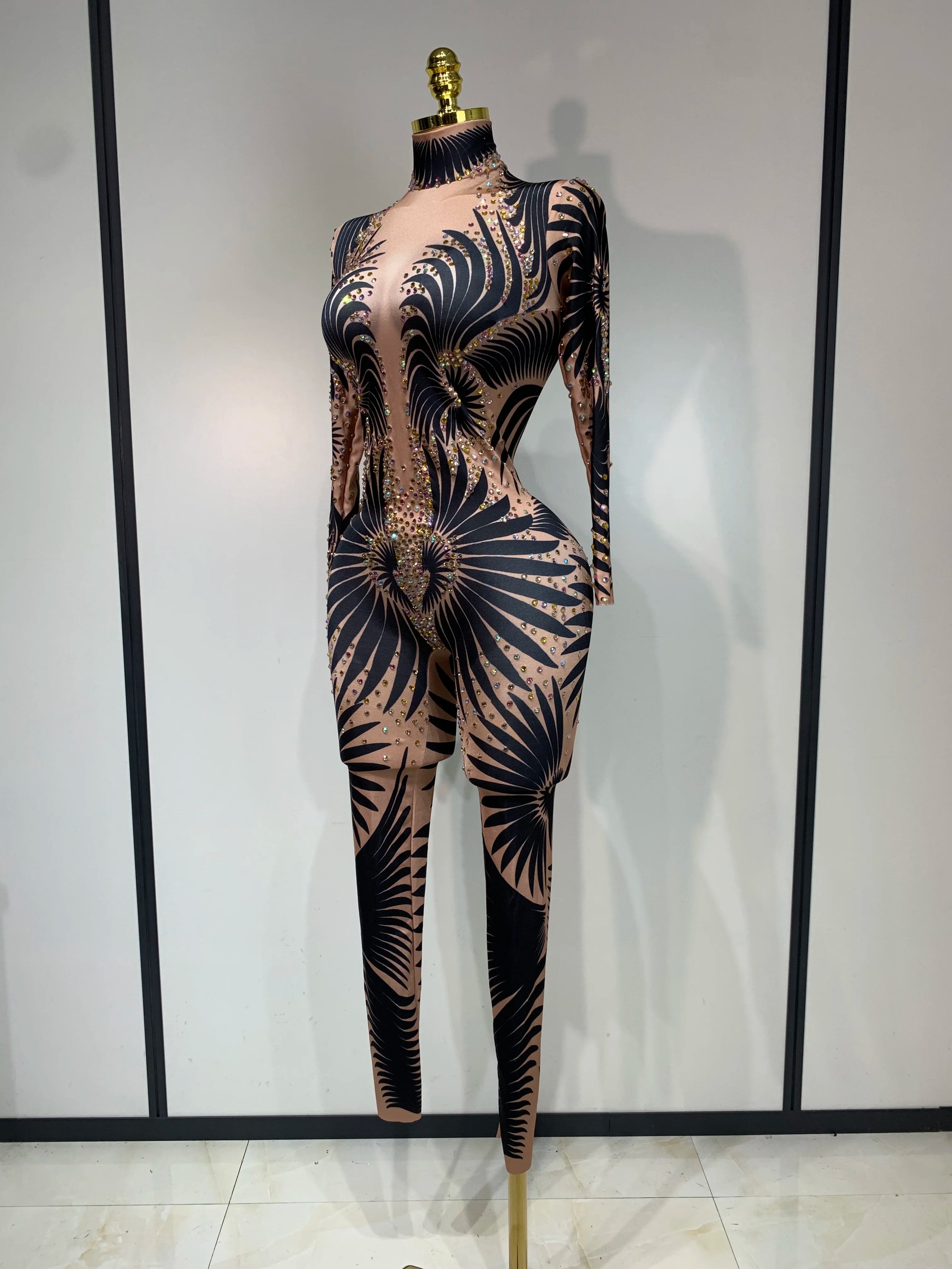 Rhinestone Print Long Sleeve Performance Jumpsuit