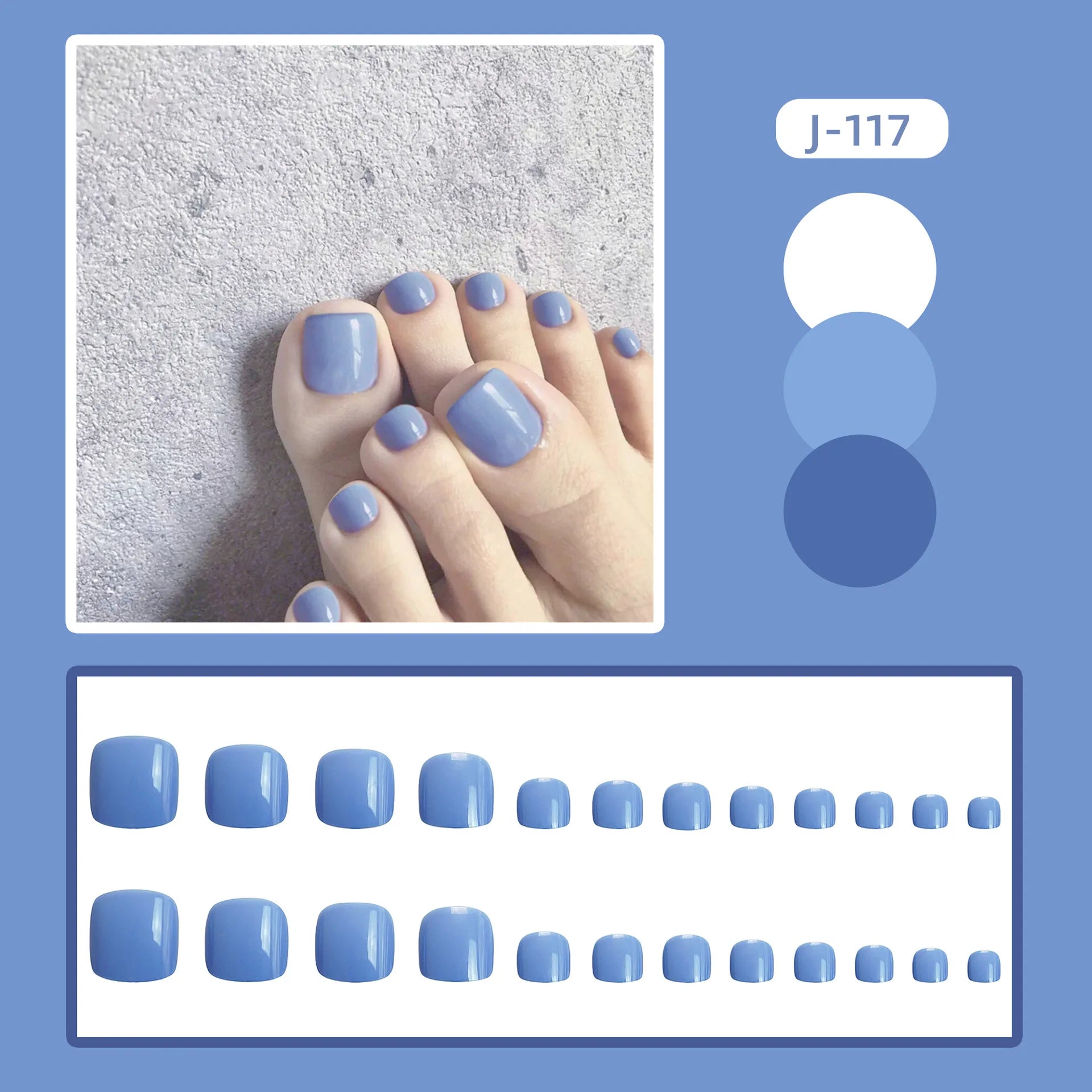 24Ps Glossy Lake Blue Press on Toe Nails Artificial Acrylic Fake Toenails Full Coverage Removable Wearable Toe Nail Art Finished