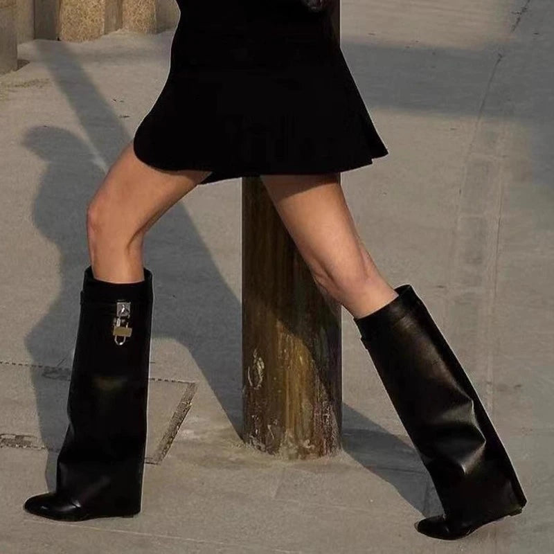 8cm Heel Wedges Soft Leather Pointed Toe Knee High Boots Women 2025 Autumn Fashion Shoes Street Style Mordern Long Botas Mujer