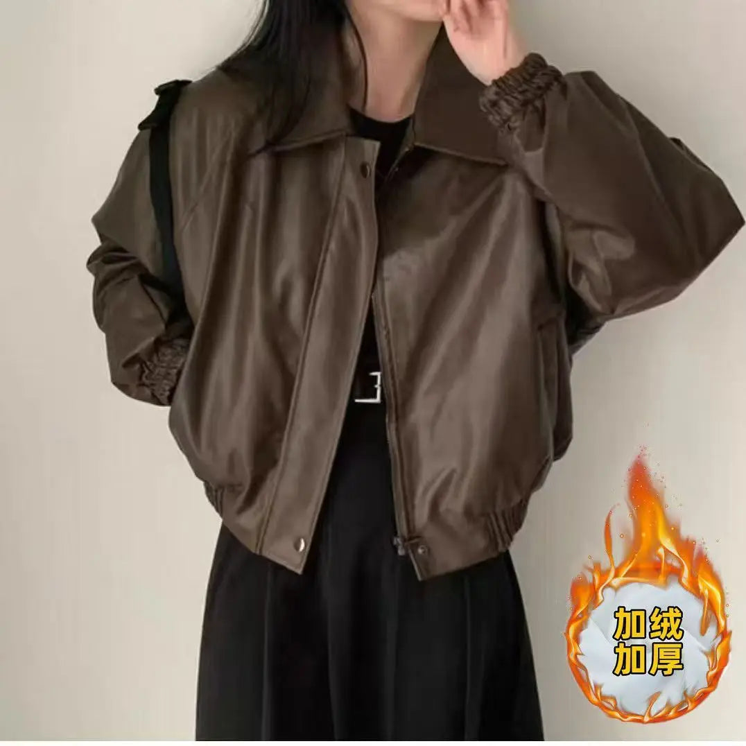 Oversized PU Leather Biker Jacket with Fur Collar