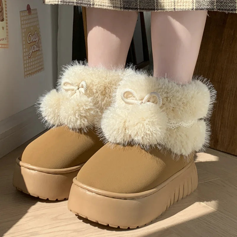 Women Fashion Snow Boots Warm Faux Fur Winter Platform Shoes Thick Sole Cute Plush Balls Female Indoor Street Short Botas
