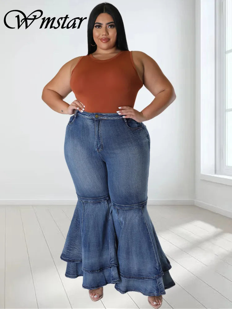 Plus-Size High-Waist Flare Jeans – Ruffled Hem Denim Pants