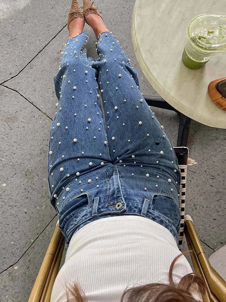 BKQU Elegant Spliced Pearl Jeans Woman Irregular High Waist Casual Loose Straight Trousers Y2k Streetwear Chic Trendy Denim Pant