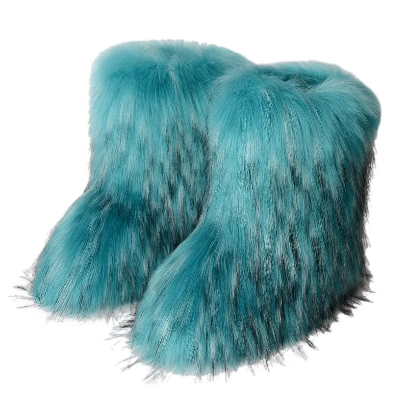 New Winter Faux Fur Onepiece Raccoon Fur Female Snow Boots Fur Shoes Outdoor Mid Leg Boots