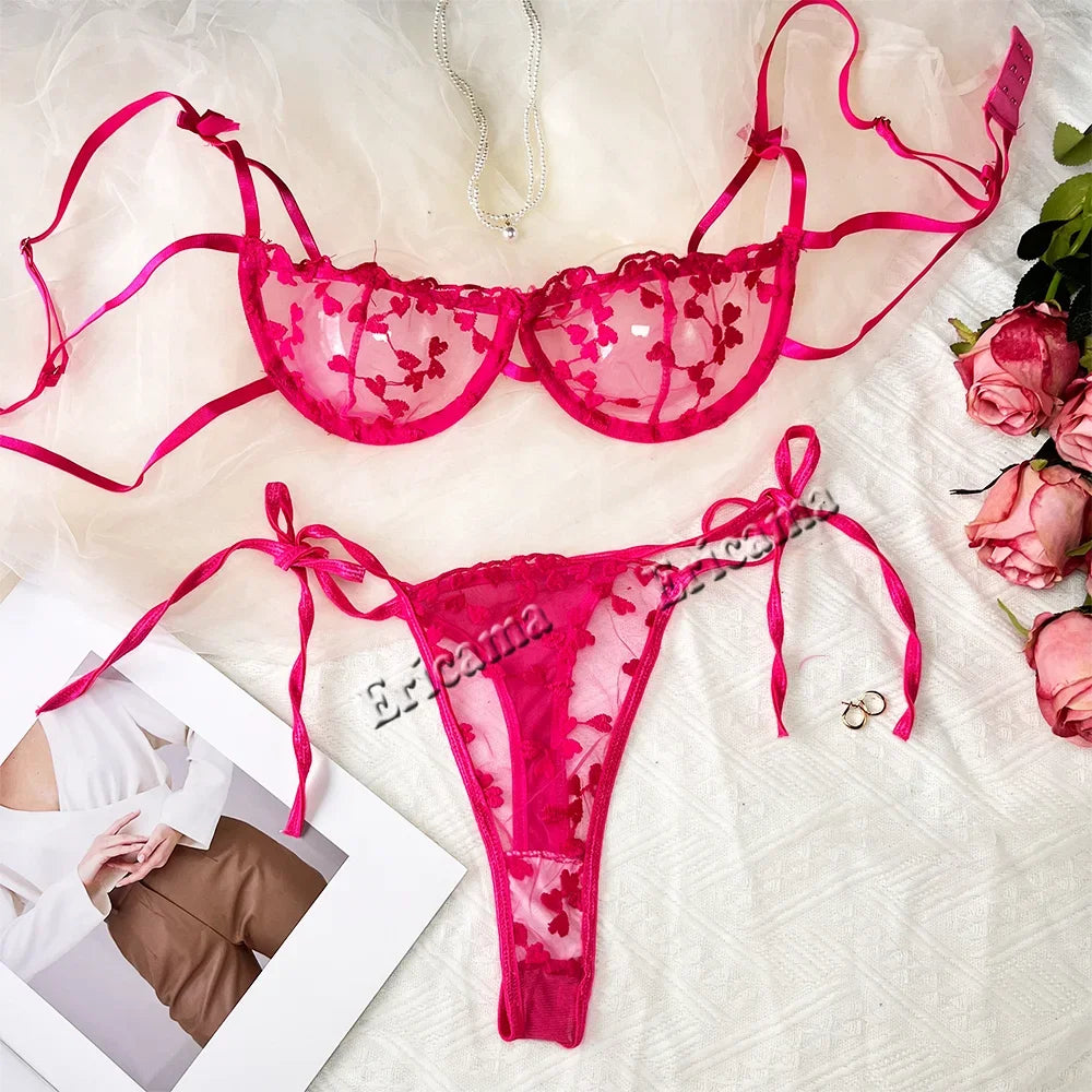 Erotic Lingerie Set Floral Embroidery Semi Sheer Lingerie Set, Intimates Bra & Thong, Women's Sexy Lingerie & Underwear