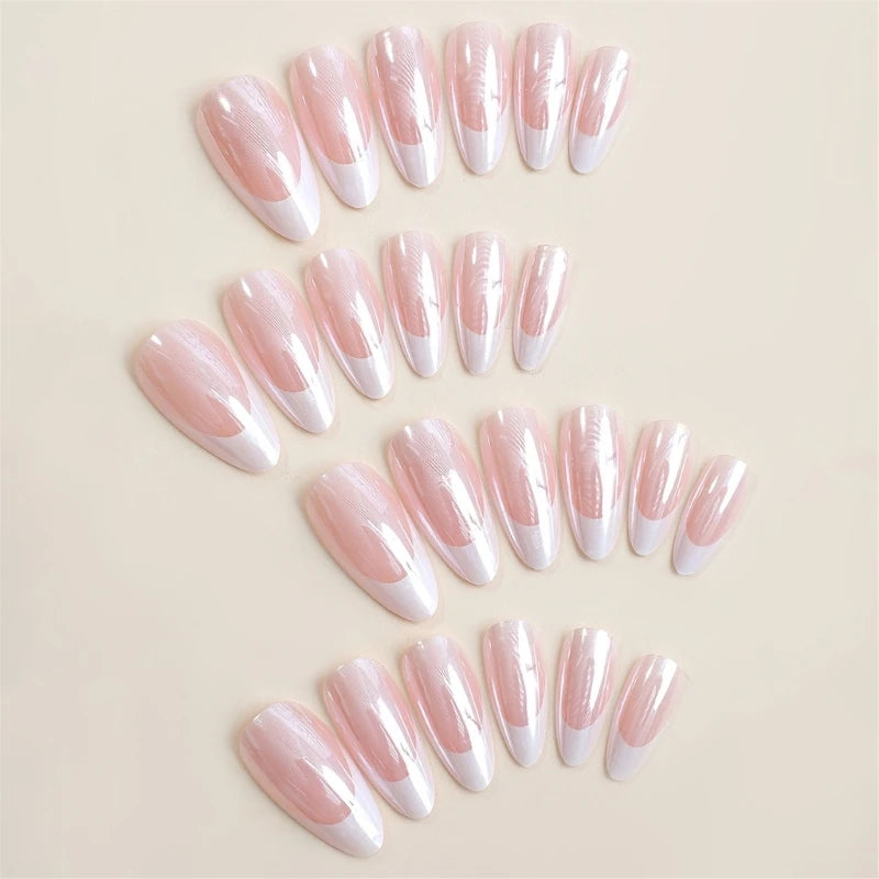 40JD French Tip Press on Nails Almond False Nails Glossy Nude False Nails Tips