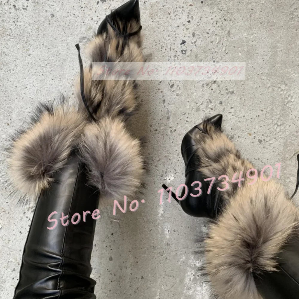 Real Fur Strap Mid Calf Boots Women Sexy Pointed Toe Lace-up Cross Strap High Heels Shoes Lady Big Size Party Street Style Boots