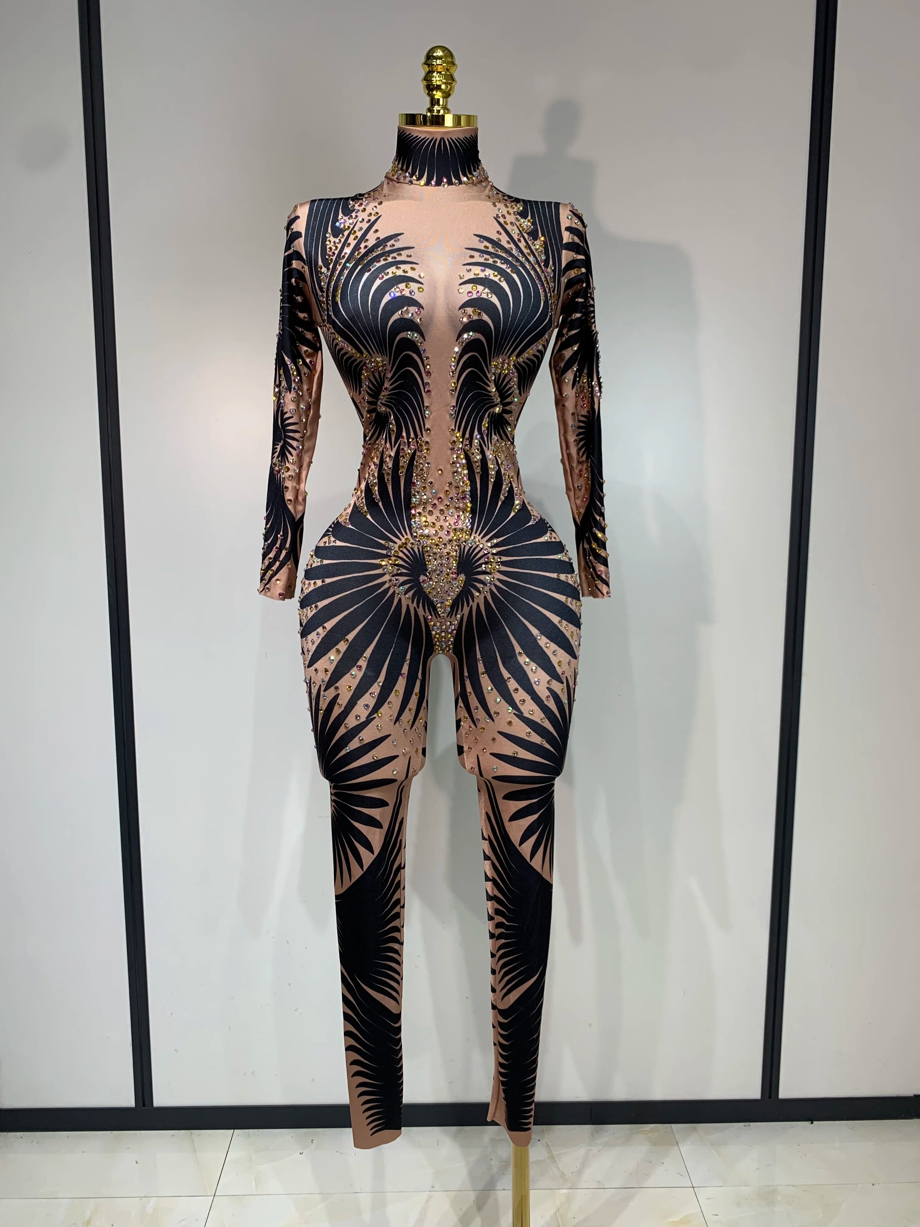 Rhinestone Print Long Sleeve Performance Jumpsuit