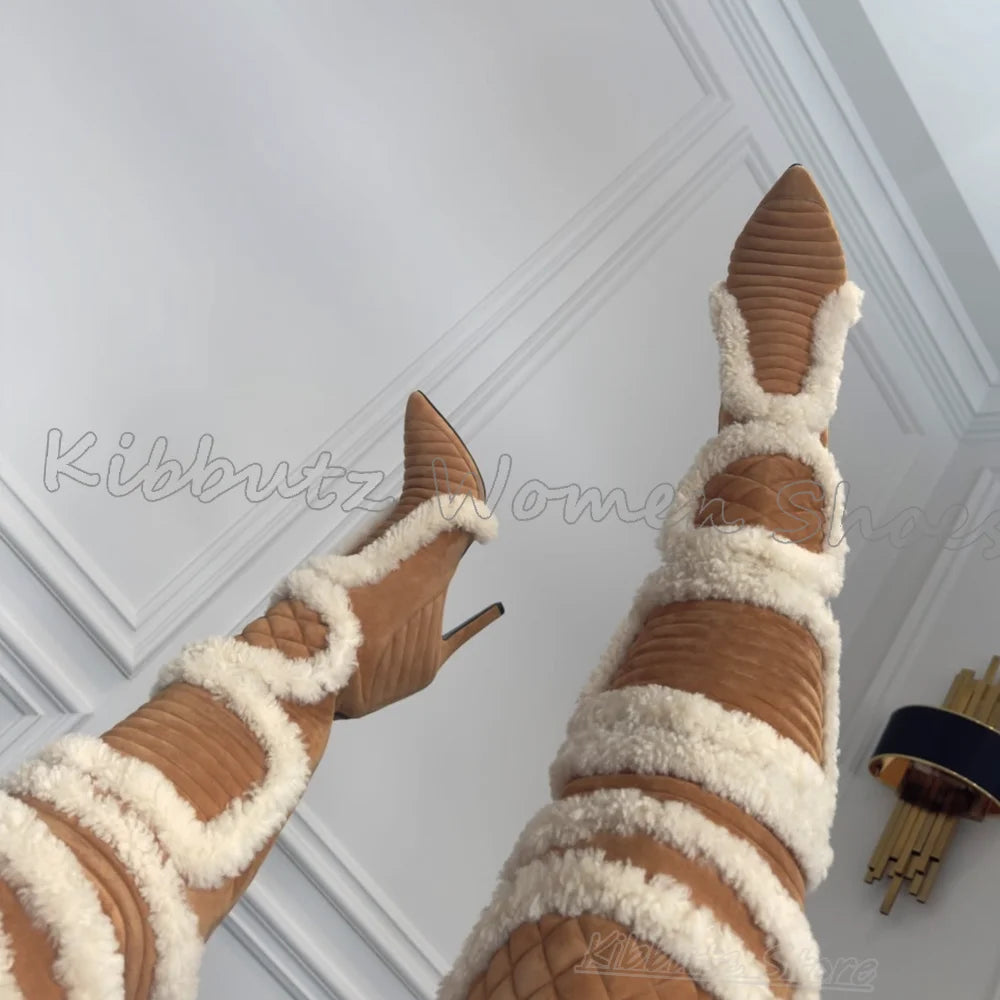 Furry Over The Knee Boots Patchwork Suede Mixed Color Novelty Fashion Luxury Elegant Concise Sexy Pointed Toe Thin Heels Newest