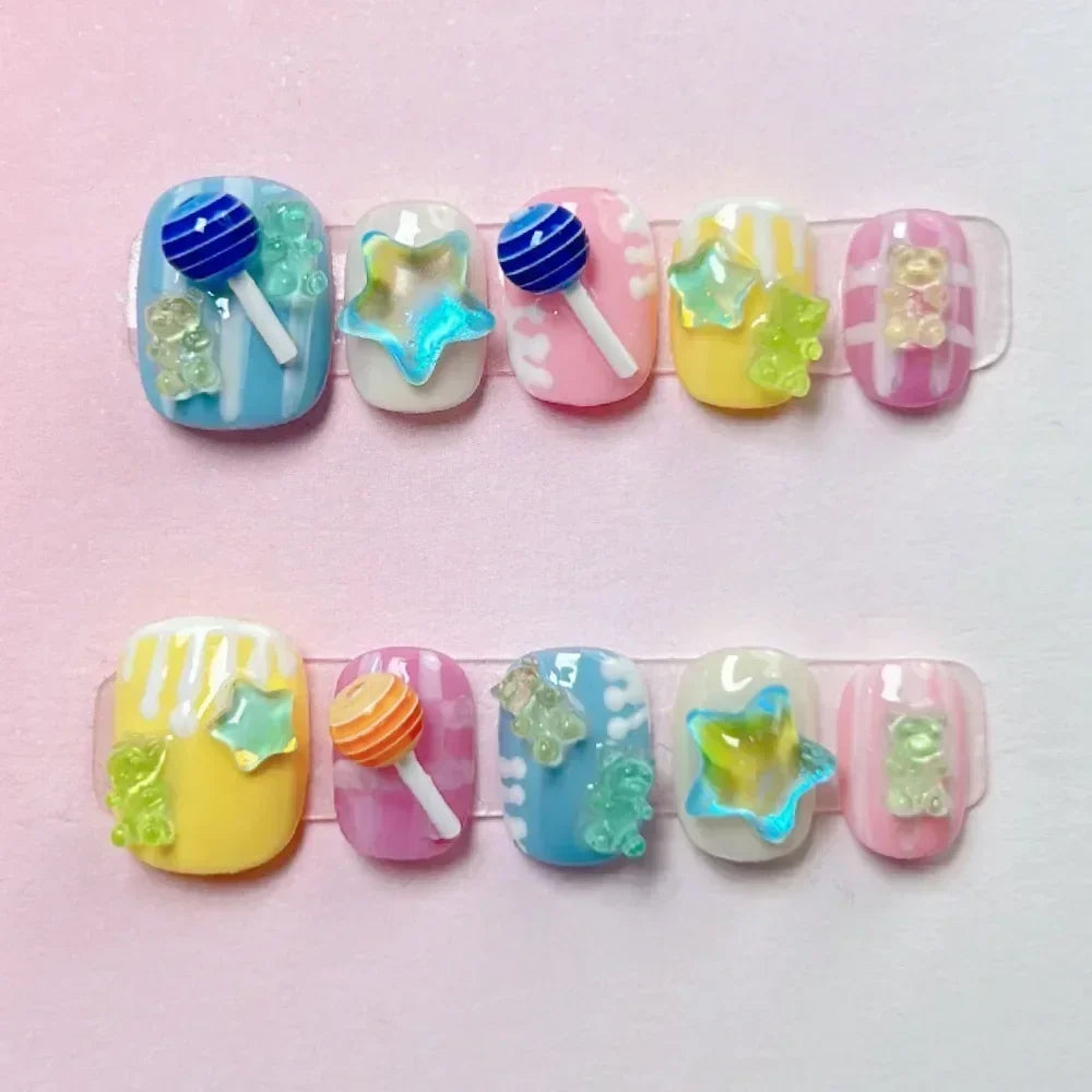 10Pcs Handmade Press on Nails Full Cover 3D Colorful Cute Design Summer Artificial Manicure Short French False Nails Nail Tips
