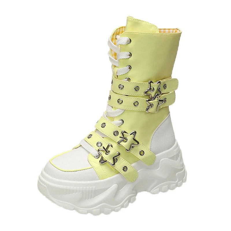 Single Boots Autumn New Round Toe Front Lace-Up Platform Non-Slip Mid-Tubular Boots Size Up To 42