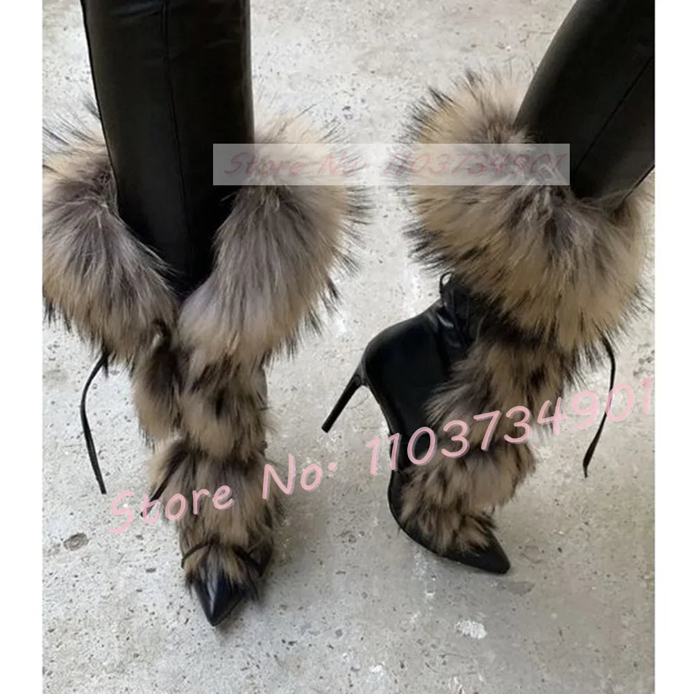 Real Fur Strap Mid Calf Boots Women Sexy Pointed Toe Lace-up Cross Strap High Heels Shoes Lady Big Size Party Street Style Boots
